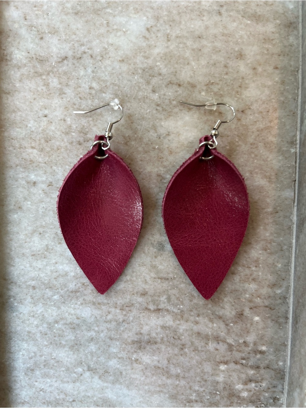 Handmade Burgundy Leather Leaf Drop Earrings